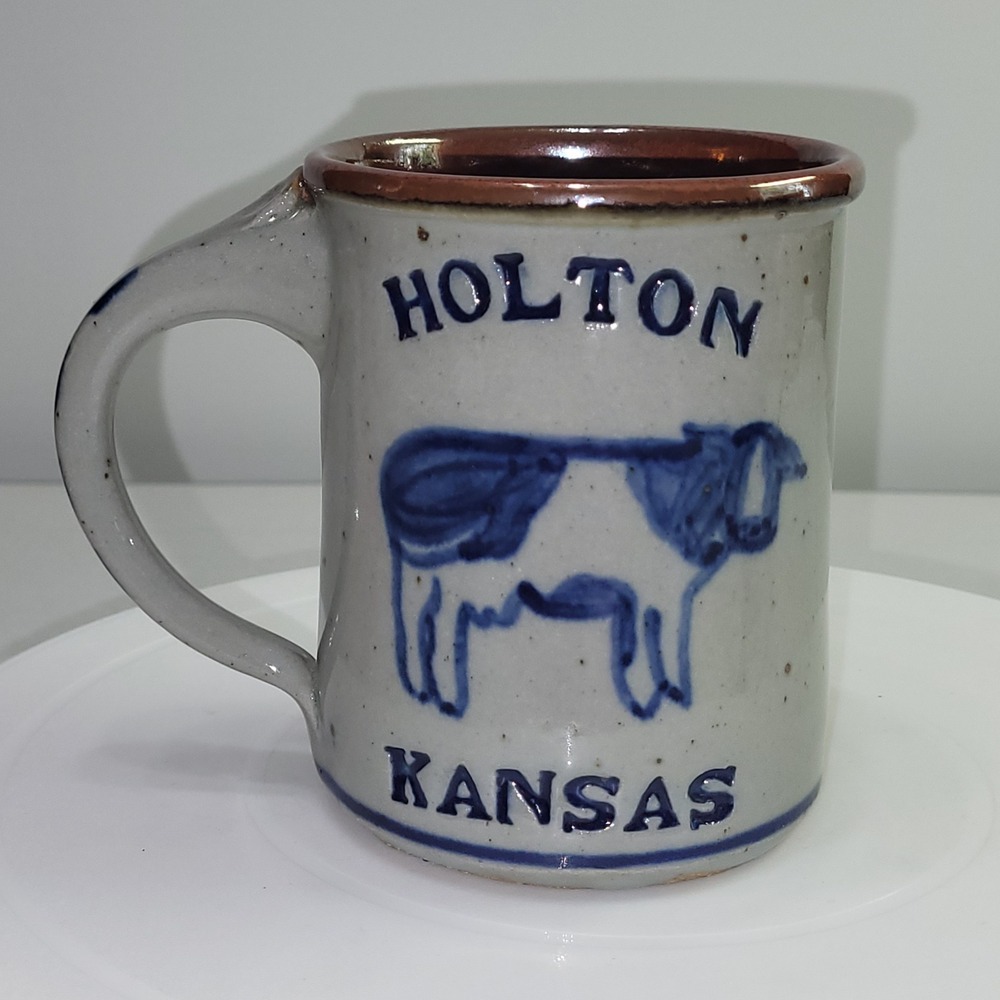 Handmade Pottery Holton Kansas Cow Coffee Mug Speckled Stoneware Blue Grey